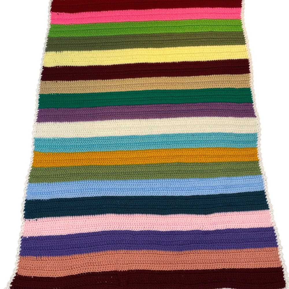 Handmade Crochet Striped Throw Blanket Afghan Multicolor White Trim